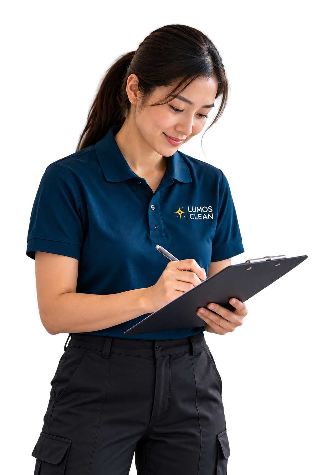 Lumos Clean team member with a clipboard
